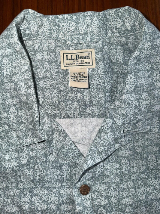 L.L. Bean Men's L Tall Short Sleeve Camp Shirt Teal Green Batik Print