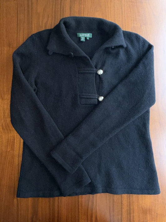 Lauren Ralph Lauren 100% Lambswool Black Crest Button-Collar Sweater - Size L