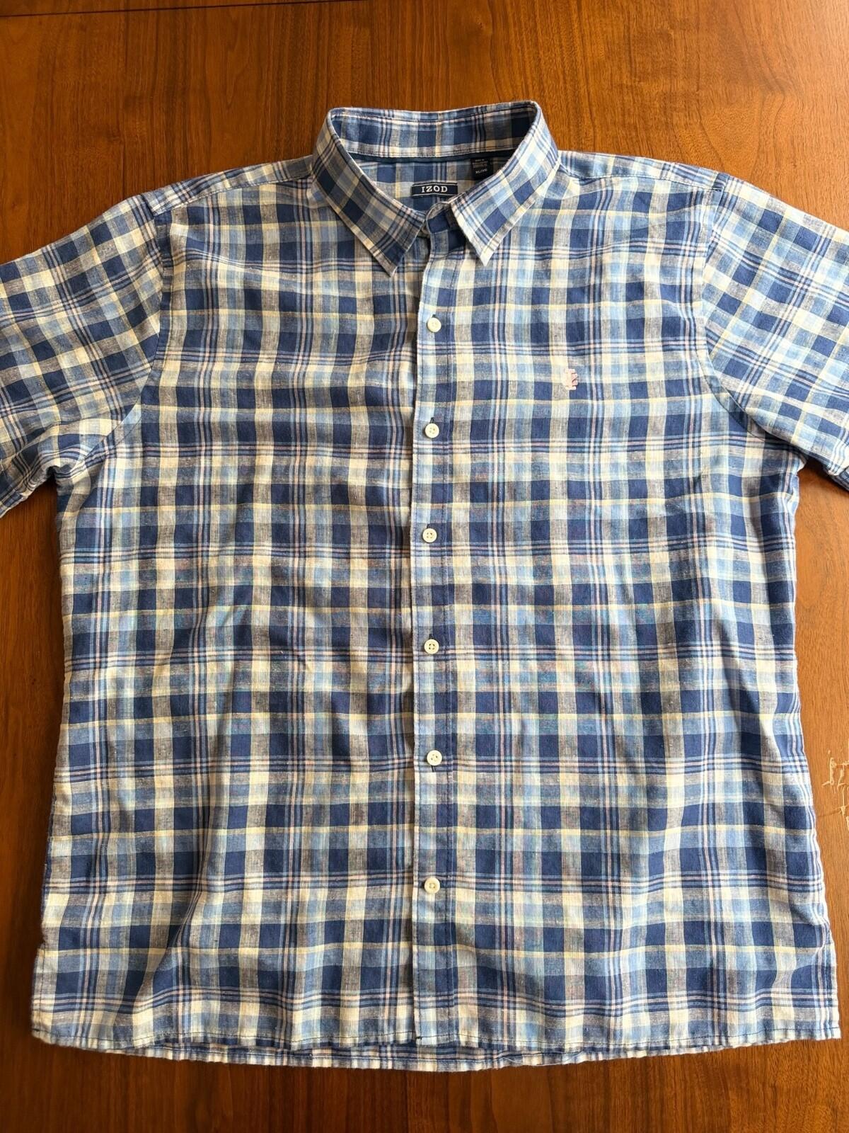 IZOD Relaxed Fit Men's Linen Blend Blue Plaid Short Sleeve Button Down - Size XL