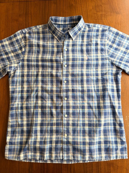 IZOD Relaxed Fit Men's Linen Blend Blue Plaid Short Sleeve Button Down - Size XL