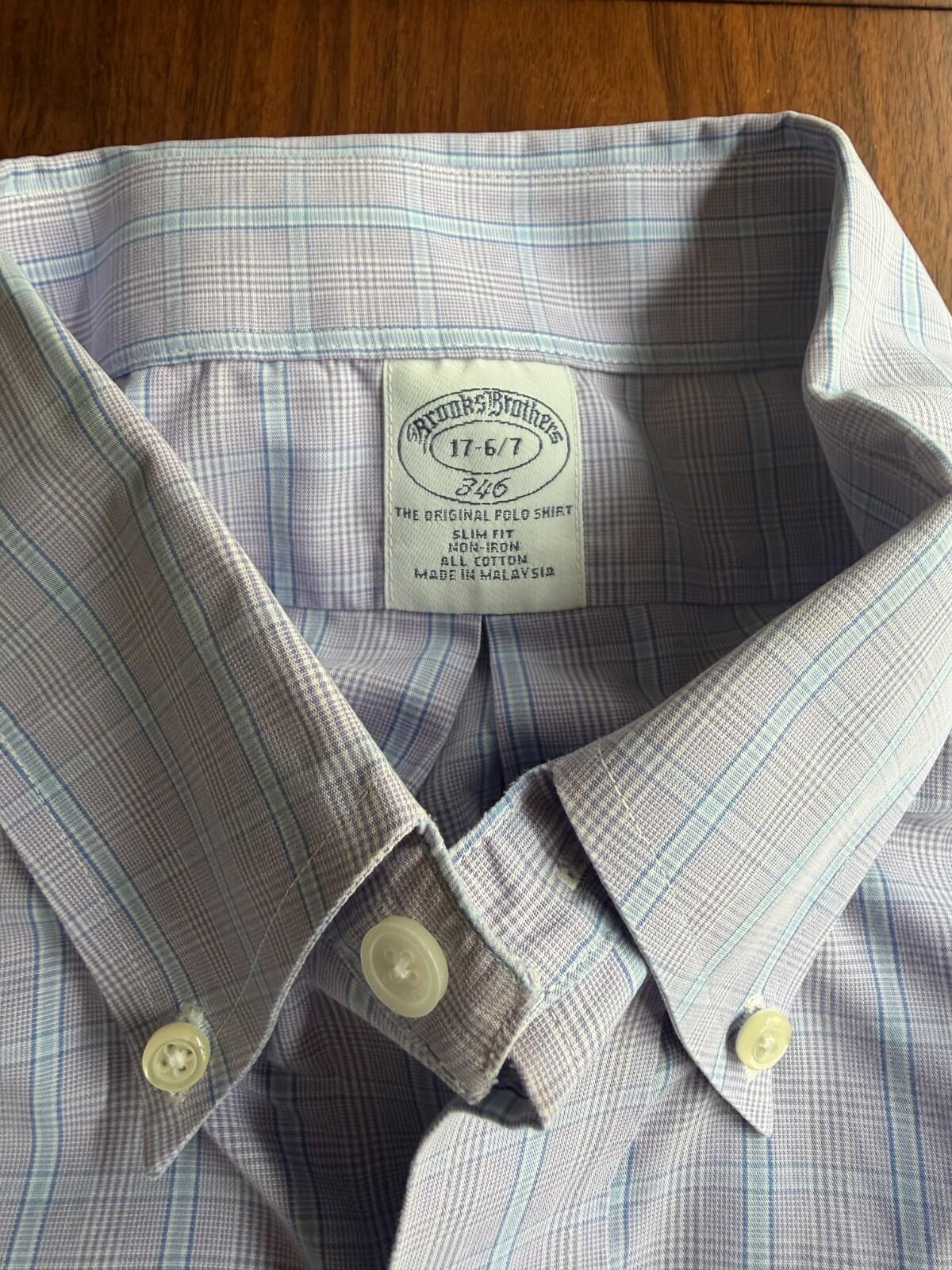 Brooks Brothers 346 Men's Slim Fit Non-Iron Lilac Plaid Dress Shirt - Size 17-36