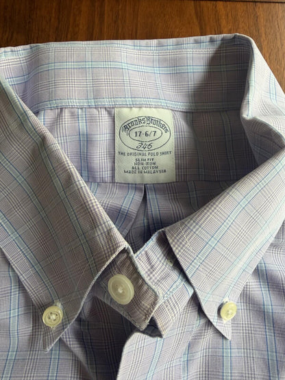 Brooks Brothers 346 Men's Slim Fit Non-Iron Lilac Plaid Dress Shirt - Size 17-36