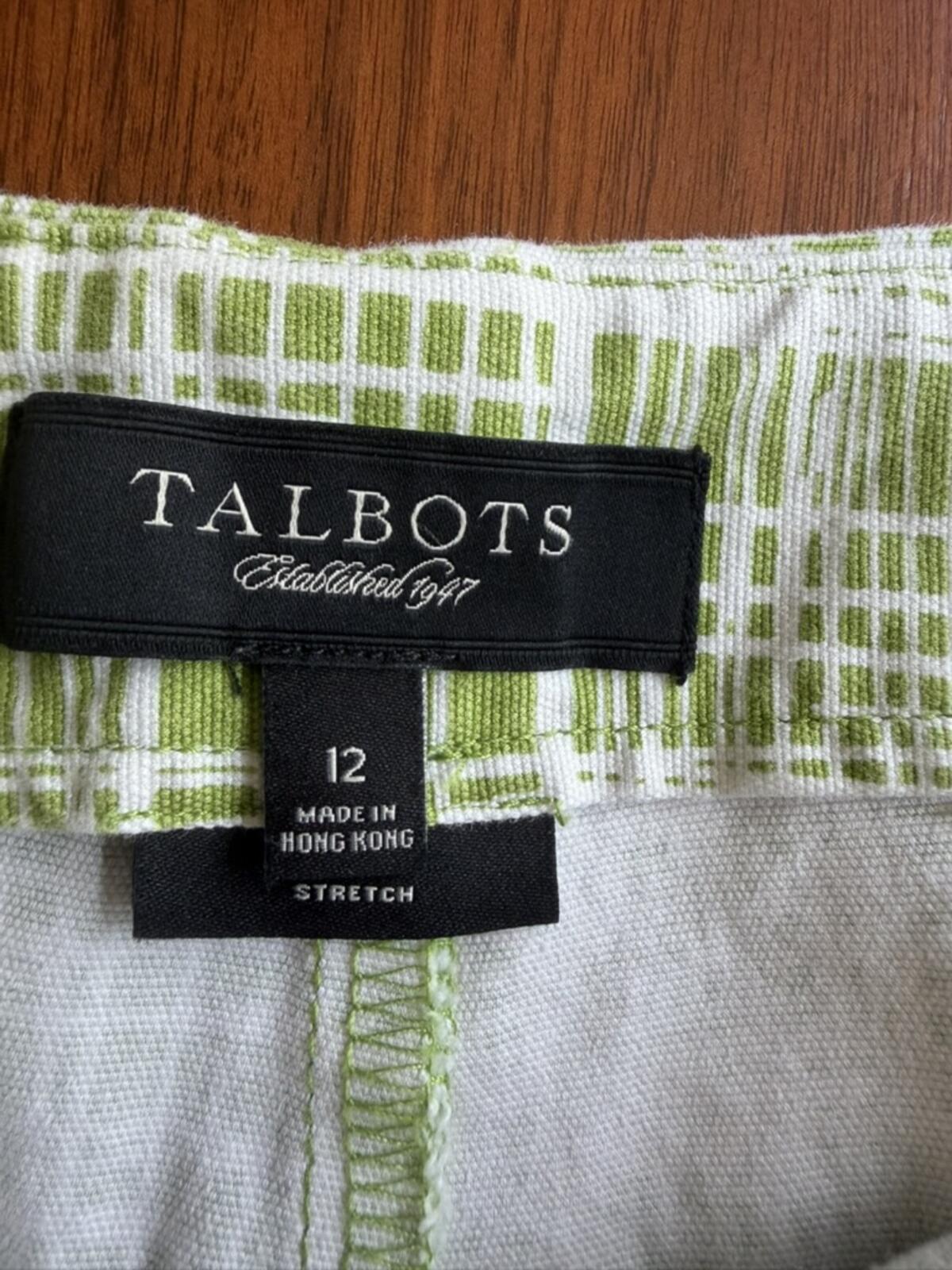 Talbots Women's Stretch Cotton Cropped Pants Green & White Pattern - Size 12