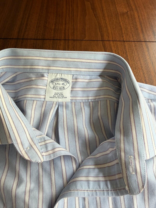 Brooks Brothers Men's Slim Fit Non-Iron Blue Striped Dress Shirt - Size 17.5-35