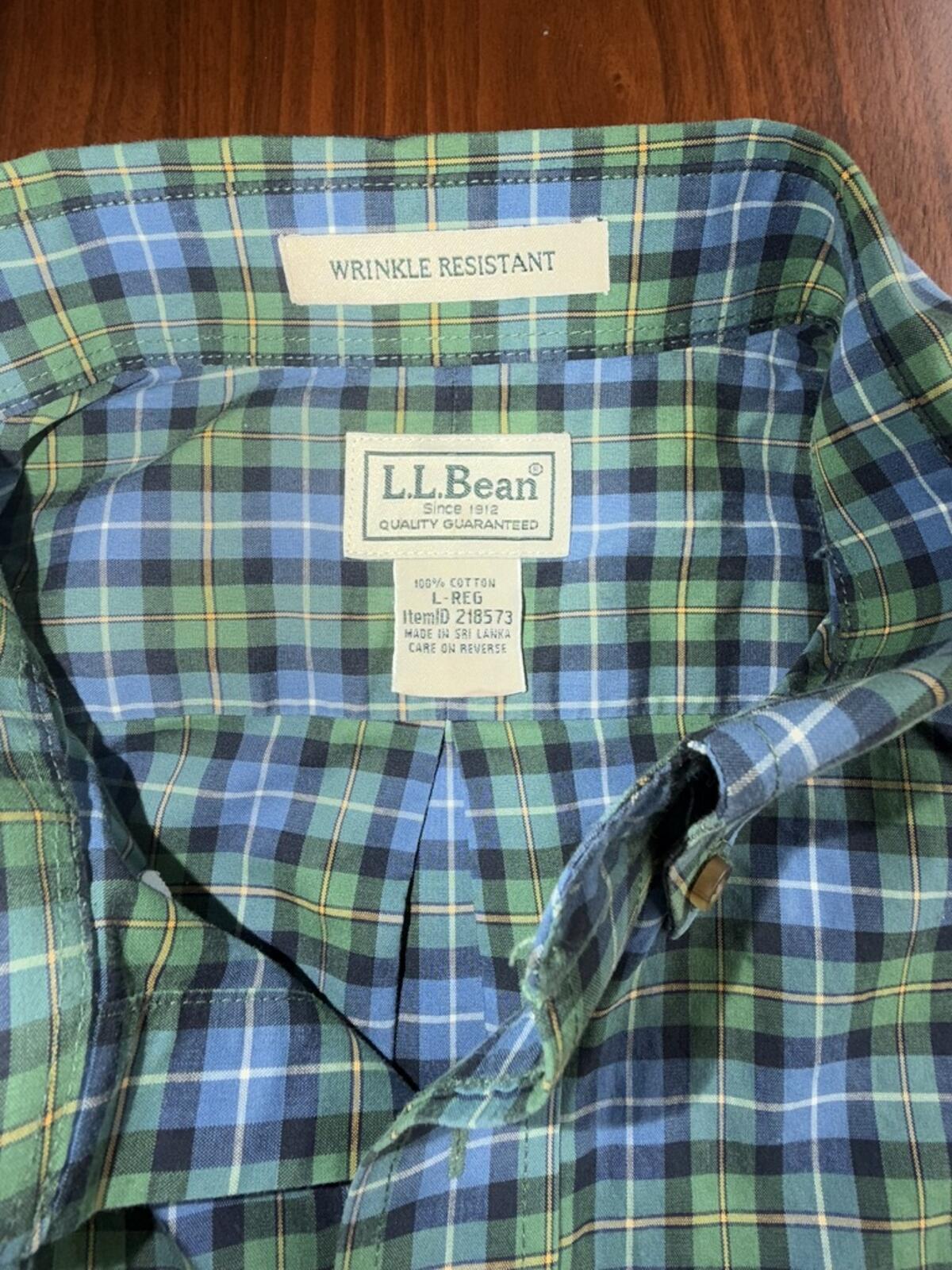L.L.Bean Men's Wrinkle Resistant Blue & Green Plaid Button-Up Shirt - Size L