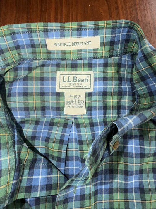 L.L.Bean Men's Wrinkle Resistant Blue & Green Plaid Button-Up Shirt - Size L
