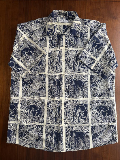 H. Stockton Atlanta Men's Short Sleeve Shirt Blue&White Elephant Print - Size L