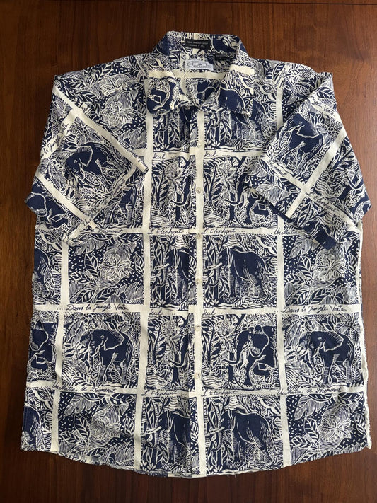 H. Stockton Atlanta Men's Short Sleeve Shirt Blue&White Elephant Print - Size L