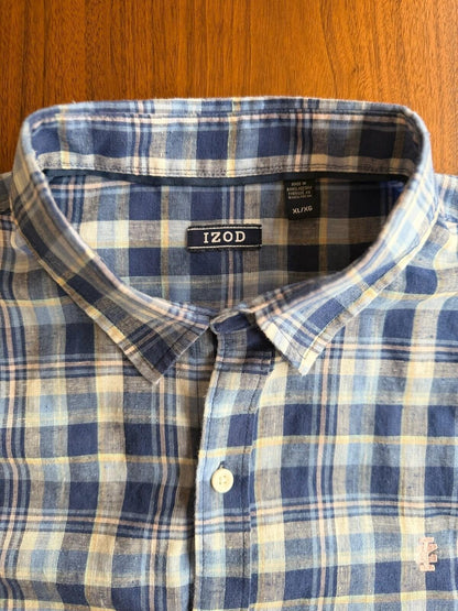 IZOD Relaxed Fit Men's Linen Blend Blue Plaid Short Sleeve Button Down - Size XL