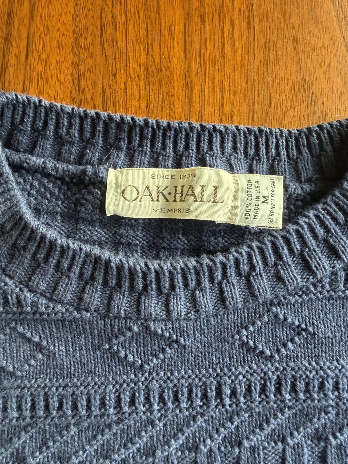 Vintage Oak Hall Men's Blue Textured Knit Cotton Crewneck Sweater - Size M