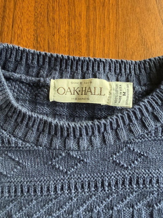 Vintage Oak Hall Men's Blue Textured Knit Cotton Crewneck Sweater - Size M