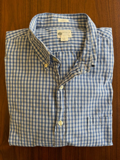 J.Crew Men's Tailored Fit Blue and White Tattersall Plaid Shirt - Size XL