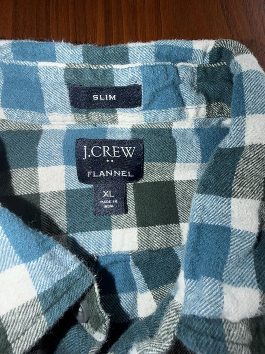J.Crew Men's Flex Slim Flannel Button-Down Shirt Blue & Green Plaid - Size XL