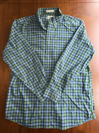 L.L.Bean Men's Wrinkle Resistant Blue & Green Plaid Button-Up Shirt - Size L