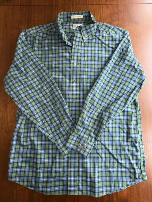 L.L.Bean Men's Wrinkle Resistant Blue & Green Plaid Button-Up Shirt - Size L