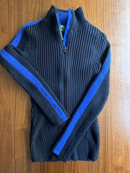 Lauren Active Ralph Lauren Black Ribbed Full-Zip Sweater with Blue Trim - Size S