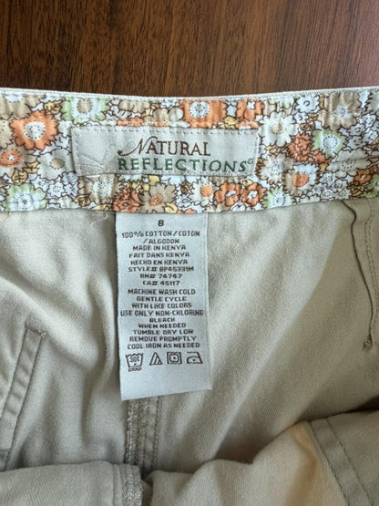 Natural Reflections Beige Cotton Casual Shorts with Floral Trim - Size 8
