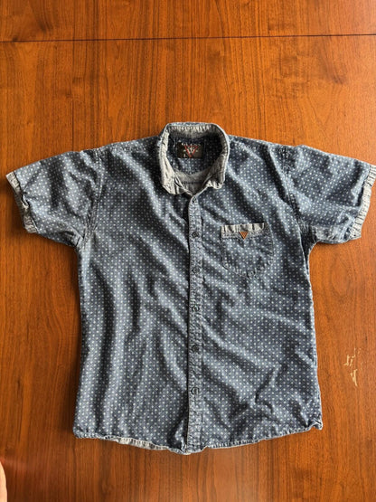 Guess Men's Denim Patterned Short-Sleeve Button-Down - Size L
