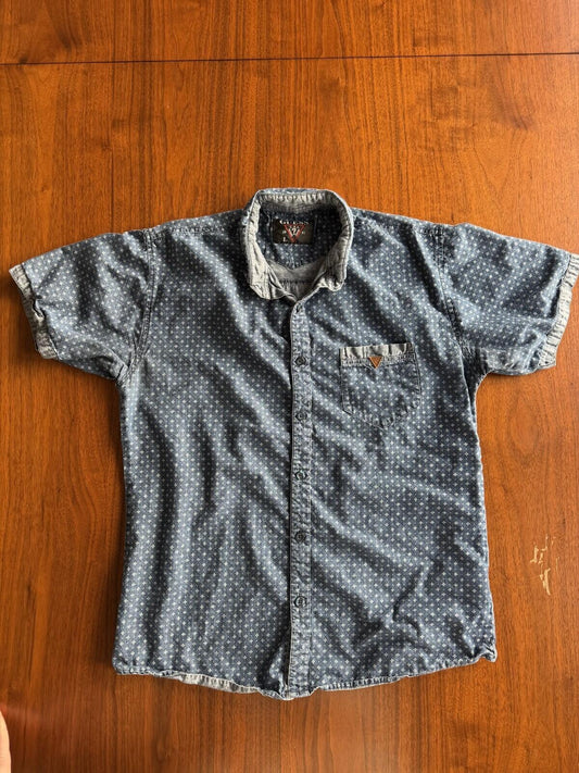 Guess Men's Denim Patterned Short-Sleeve Button-Down - Size L