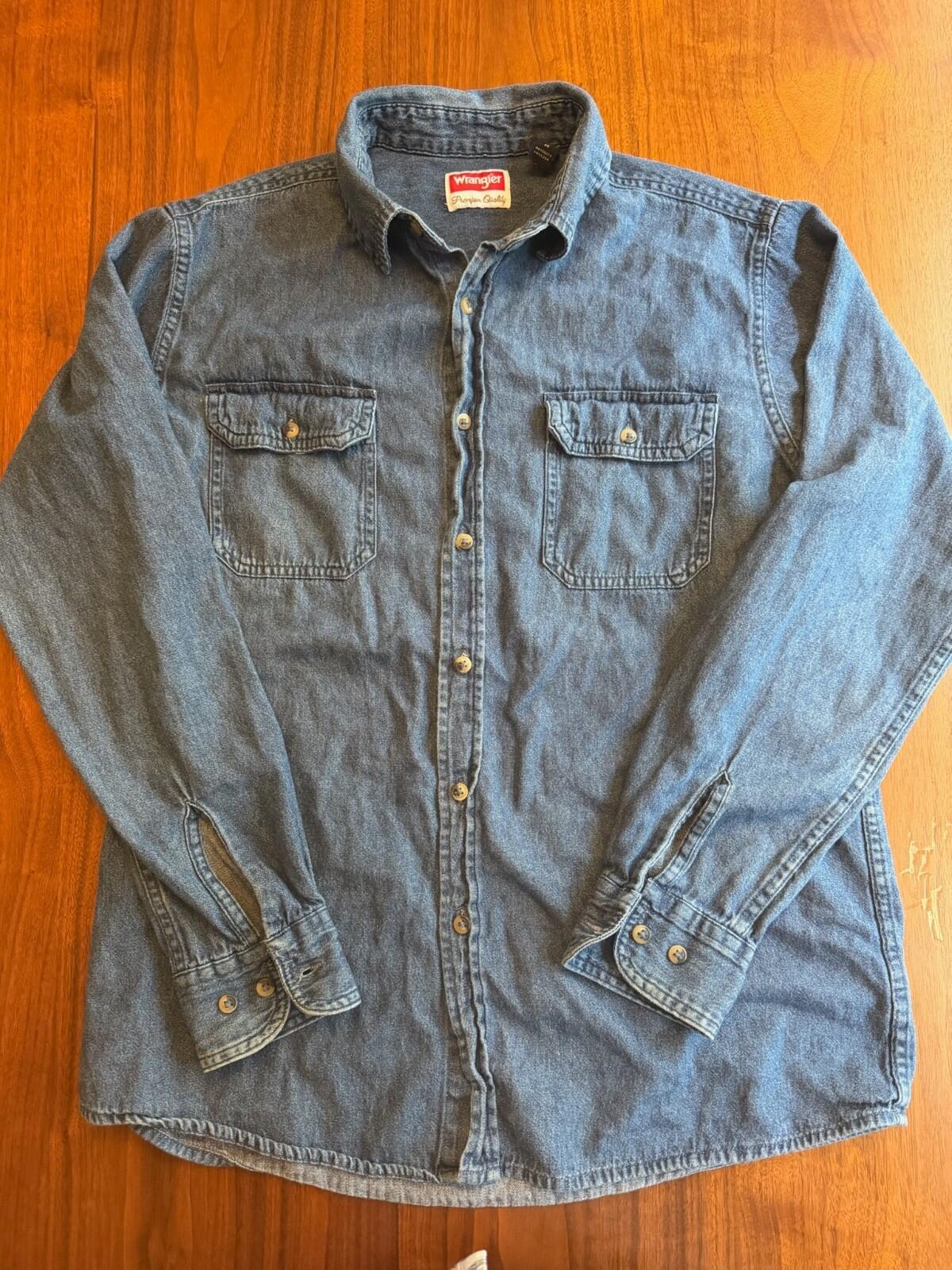 Wrangler Premium Quality Men's Blue Denim Long Sleeve Button-up Shirt - Size M