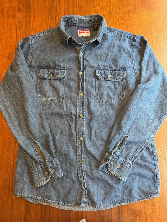 Wrangler Premium Quality Men's Blue Denim Long Sleeve Button-up Shirt - Size M