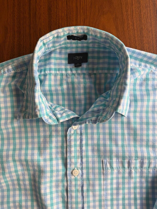 J.Crew Men's Slim Aqua/Blue Gingham Plaid Long Sleeve Button Down Shirt - Size M