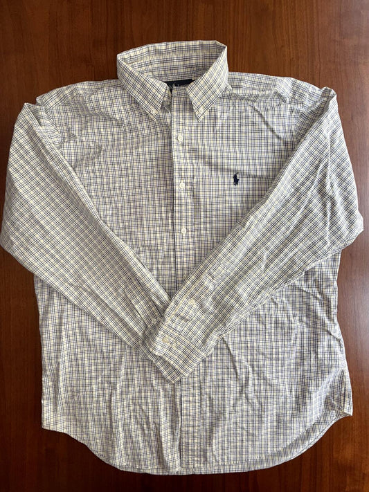 Polo Ralph Lauren Men's Plaid Dress Shirt White/Navy/Yellow - Size 16.5