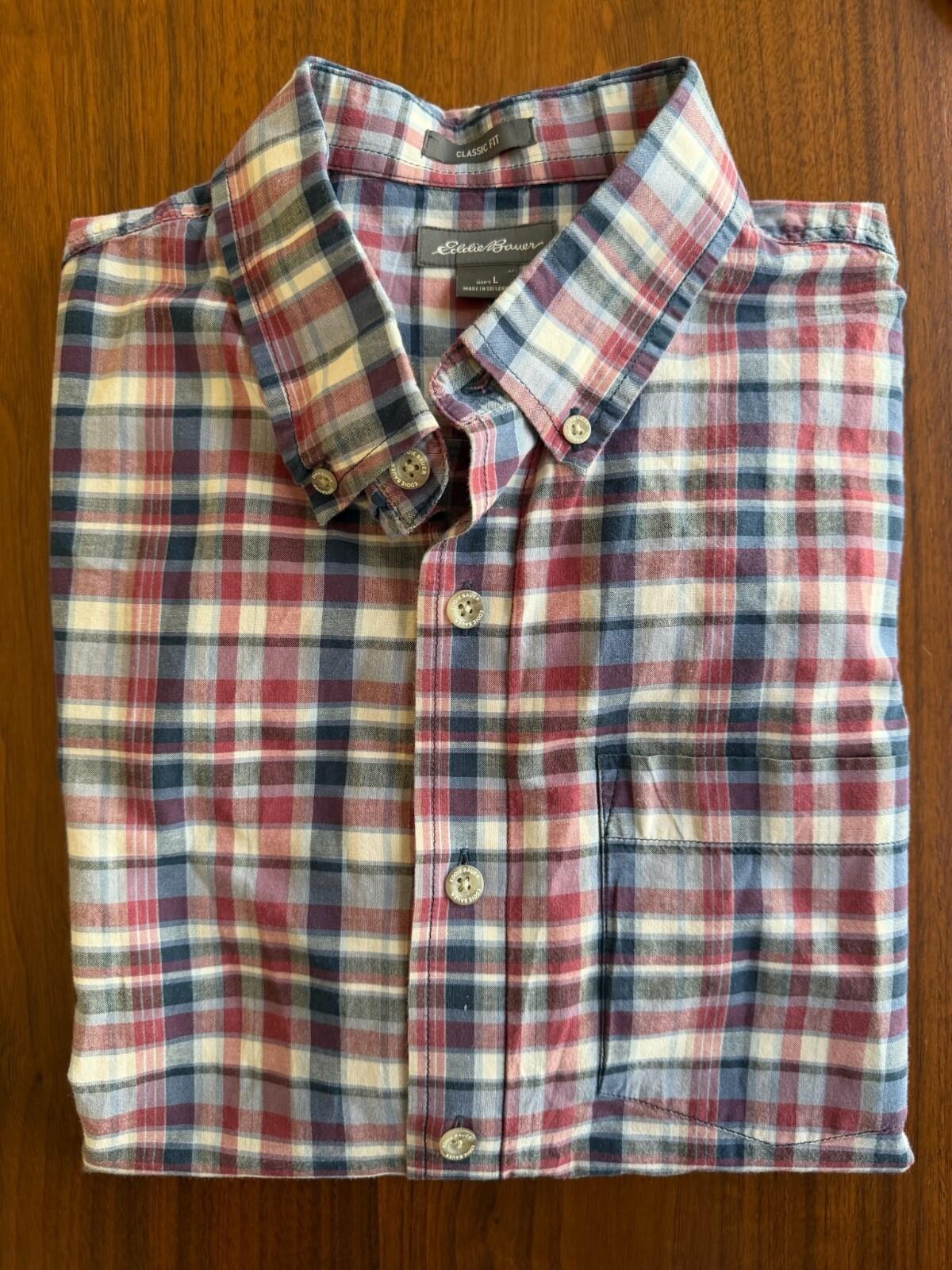 Eddie Bauer Men's Red & Blue Short-Sleeve Plaid Button-Down Shirt - Size L