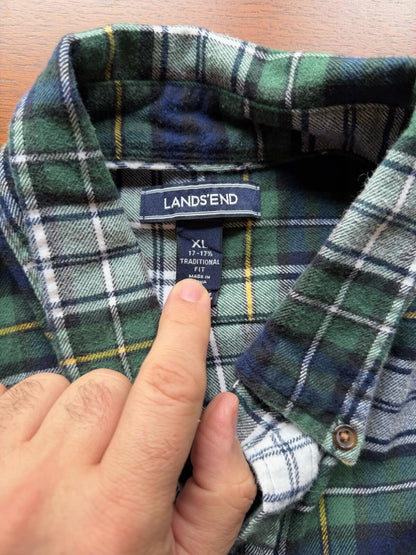 Lands' End Men's Flannel Traditional Fit Green Plaid Shirt - Size XL