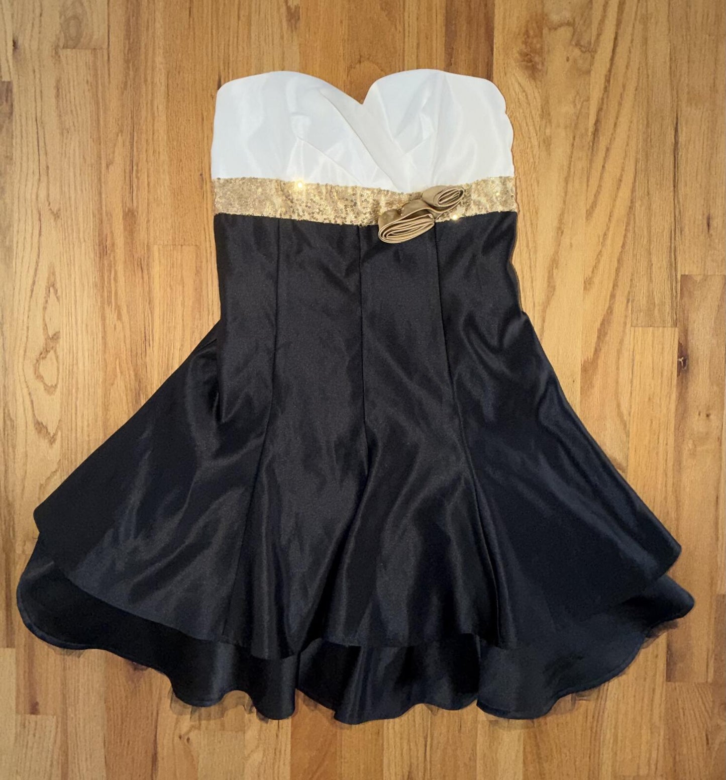 Jessica McClintock Women's Strapless Black/White/Gold Fit & Flare Dress - Size 7