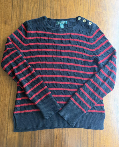 Lauren Ralph Lauren Women's Striped Black and Red Cable Knit Sweater - Size S