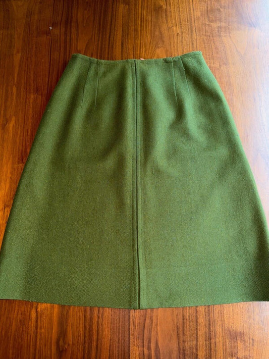 Vintage 1960s Over Five Seven Shops Olive Green Wool A-Line Tall Skirt - Size 10