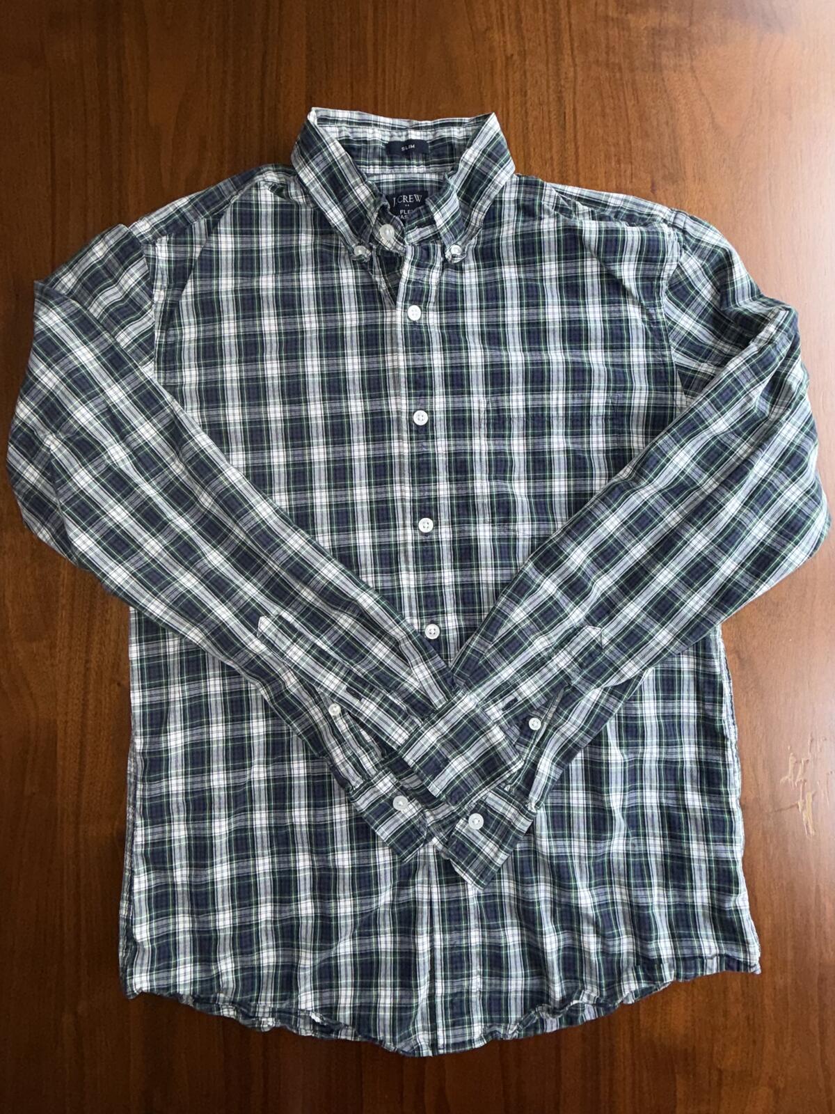 J.Crew Men's Slim Flex Washed Button Front Shirt Navy& Green Plaid - Size M