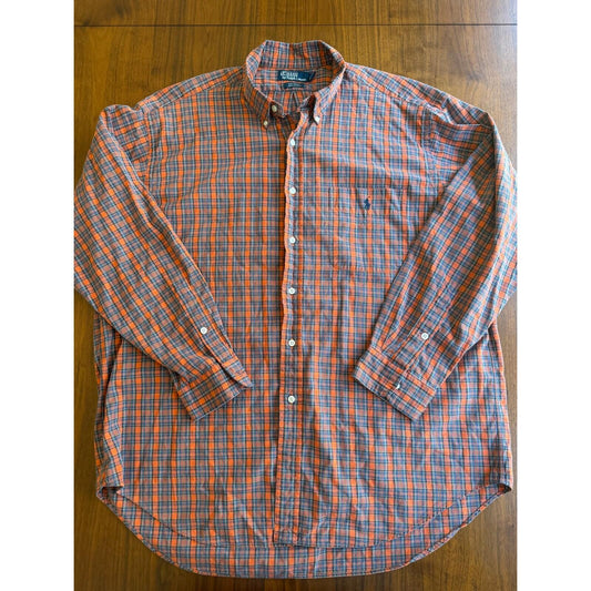 Vintage Polo Ralph Lauren Men's Big Shirt Orange/Blue Plaid Button Down - Size L