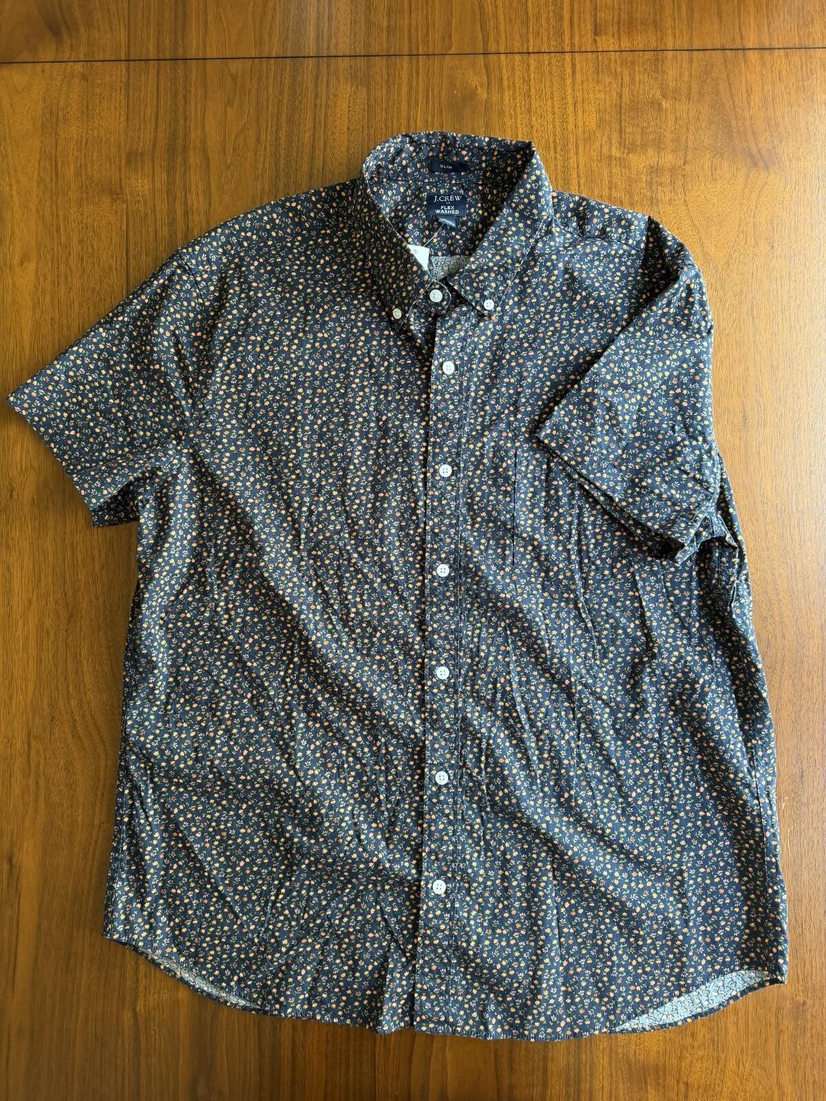 J.Crew Men's NWT Flex Blue Floral Patterned Short Sleeve Button Down - Size XL