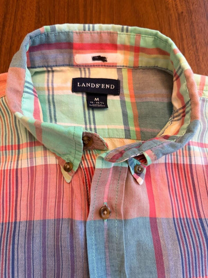 Lands' End Men's Short Sleeve Button Down Madras Pink Plaid Shirt - Size M