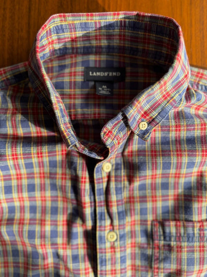 Lands'  End Men's Blue & Red Plaid Button-Down Long Sleeve Shirt - Size M