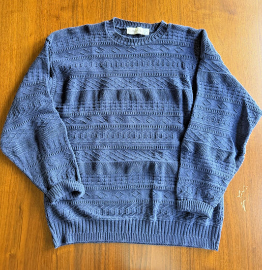 Vintage Oak Hall Men's Blue Textured Knit Cotton Crewneck Sweater - Size M