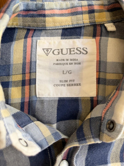 GUESS Men's Slim Fit Plaid Pearl Snap Blue & Yellow Western Shirt - Size L