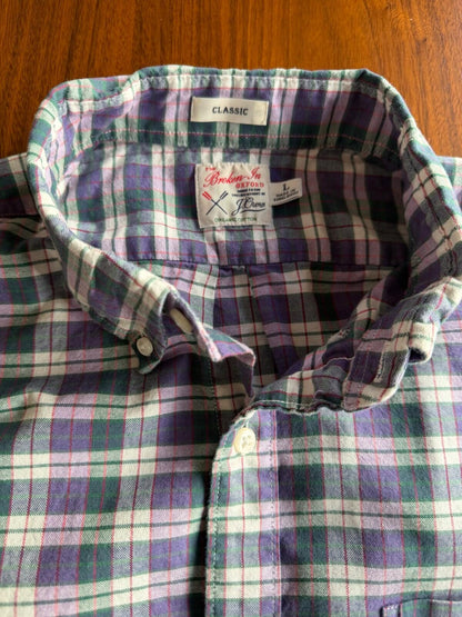 J.Crew Men's Broken-in Cotton Oxford Purple & Green Plaid Shirt - Size L