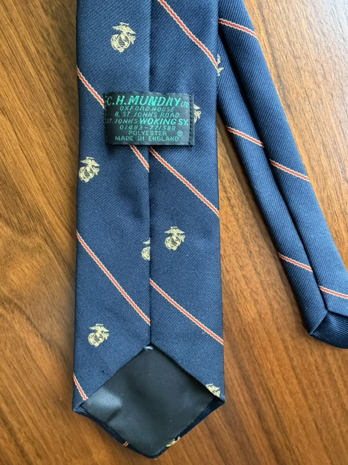 C.H. Mundy Navy Blue Silk Tie with Red Stripes and Gold Marine Motif
