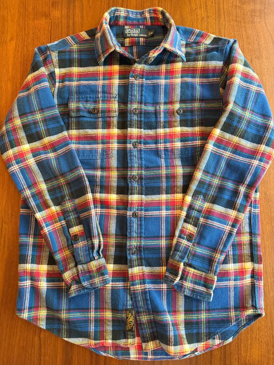 Vintage Polo Ralph Lauren Royal Blue Plaid Flannel Button Up Work Shirt - Size Medium