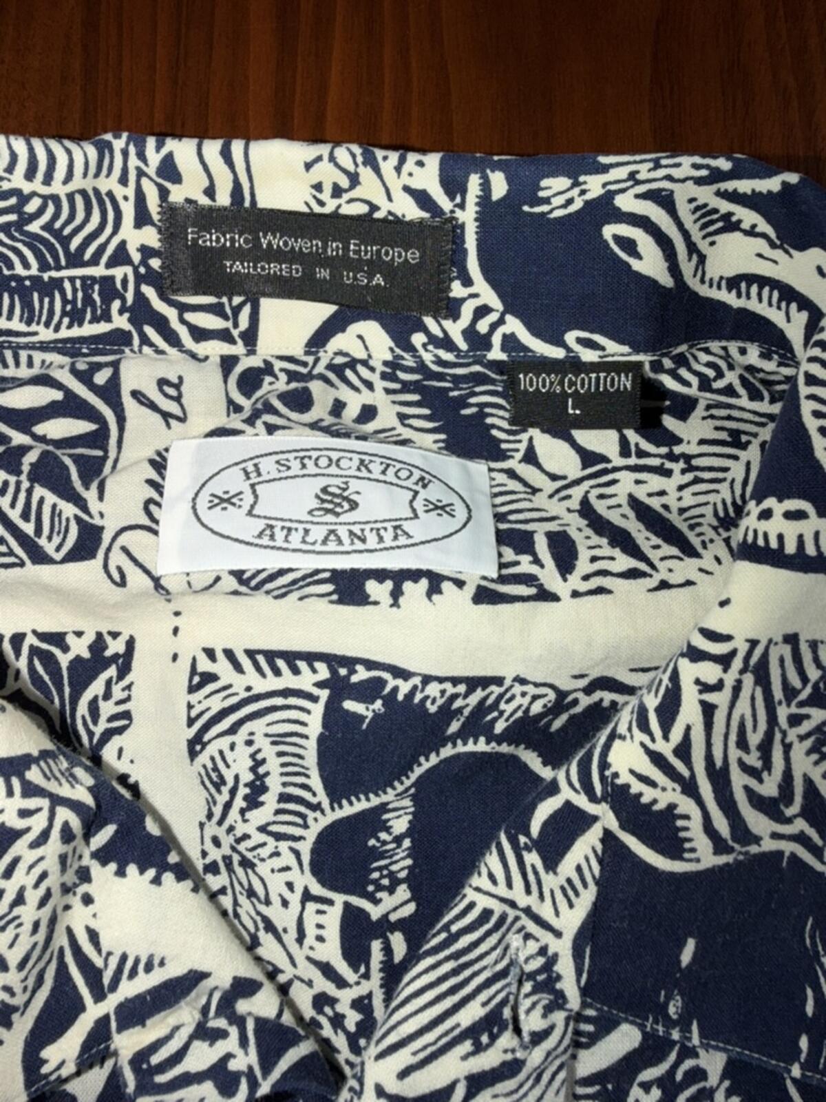 H. Stockton Atlanta Men's Short Sleeve Shirt Blue&White Elephant Print - Size L