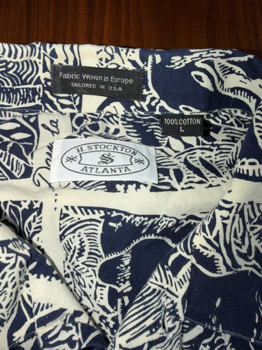 H. Stockton Atlanta Men's Short Sleeve Shirt Blue&White Elephant Print - Size L