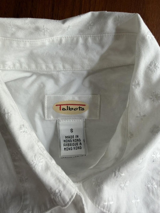 Talbots White 100% Cotton Embroidered Collar Button Front Shirt - Size S