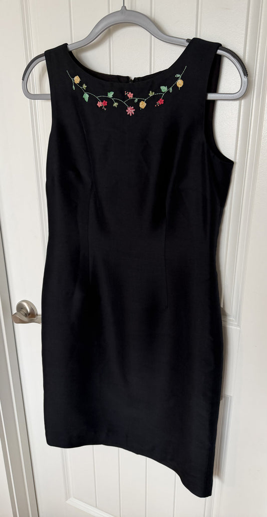 Talbots Black Silk Sleeveless Dress with Embroidered Floral Detail - Size 6