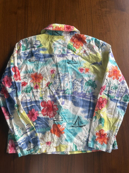 Coldwater Creek Women's Nautical Floral Watercolor Print Button-Up - Size S