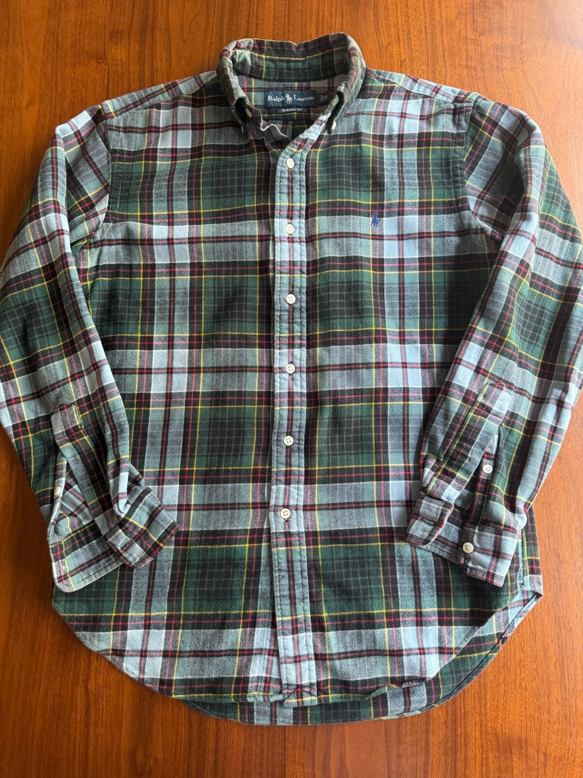 Polo Ralph Lauren Classic Fit Green Plaid Cotton Flannel Button Down Shirt Size S