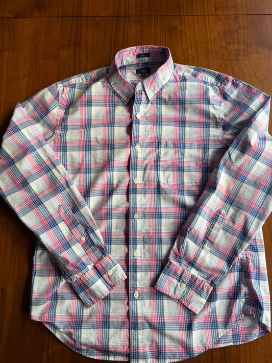 J.Crew Men's Slim Fit Pink and Blue Plaid Cotton Button Down Shirt - Size L