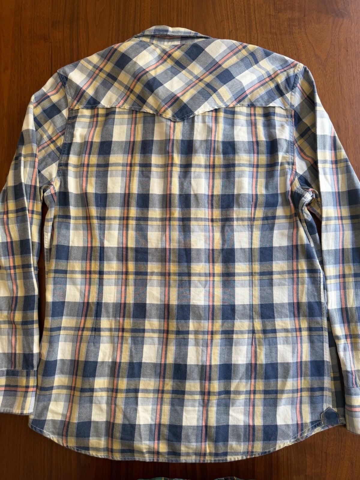 GUESS Men's Slim Fit Plaid Pearl Snap Blue & Yellow Western Shirt - Size L